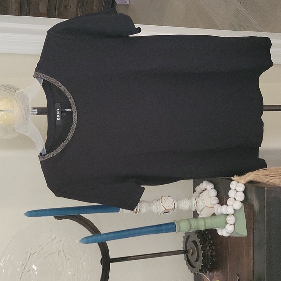 DKNY black, front neck beaded, size Small, short sleeve top. Simple/chic